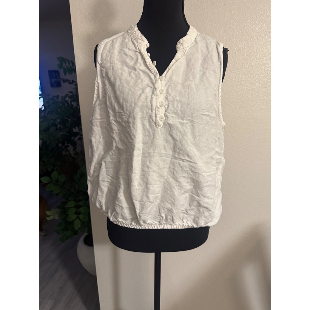 Cloth & Stone White Linen Blend Sleeveless Henley Blouson Top Large